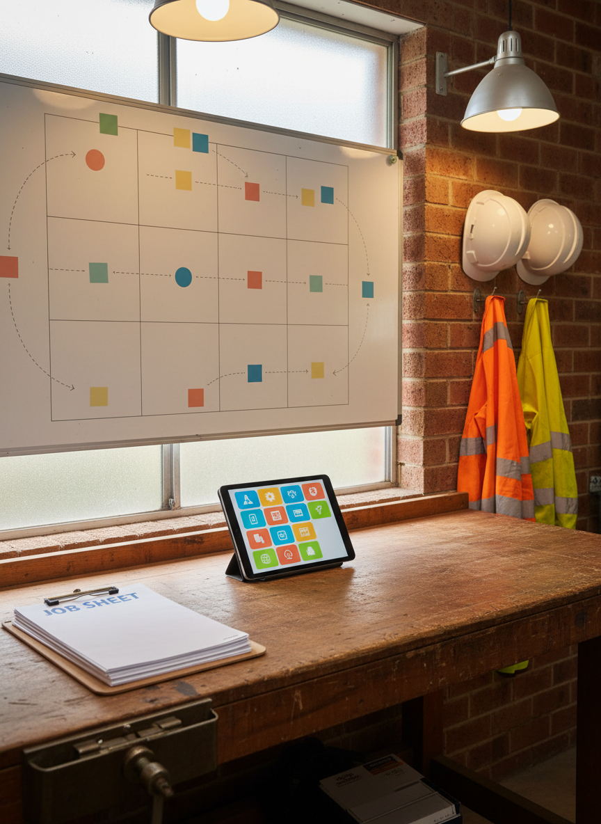 An organized workstation in a small suburban Australian trades workshop, featuring a sturdy wooden bench with neatly arranged paper forms, a tablet showing colourful, abstract workflow tiles, and a wall-mounted whiteboard filled with blank grids and arrows hinted by shapes rather than text. High-visibility vests and hard hats hang on hooks in the background as symbolic props, carefully placed but unoccupied. Warm overhead workshop lighting mixes with diffused daylight from a side window, creating a practical, down-to-earth mood. Captured from a slightly elevated angle with moderate depth of field, the image feels authentic and photographic, highlighting streamlined processes and reduced admin for tradies without showing any people.