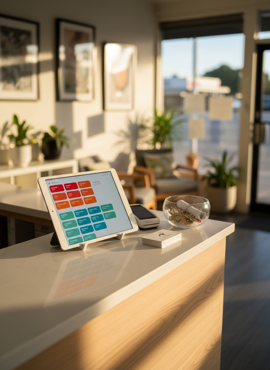 A compact reception counter in a cozy Australian local service business, with a modern tablet on a stand displaying stylised, colour-coded cards that imply prioritised leads and scheduled bookings without legible words. Nearby, a small stack of business cards, a wireless card reader, and a glass bowl of keys and receipts are neatly grouped, hinting at real-world customer interactions. Soft late-afternoon light streams through the front window, casting warm, inviting tones and gentle reflections across the counter surface. Framed using the rule of thirds at a slight side angle, with a shallow depth of field blurring the shop interior behind, the photographic scene feels welcoming, efficient, and customer-focused.