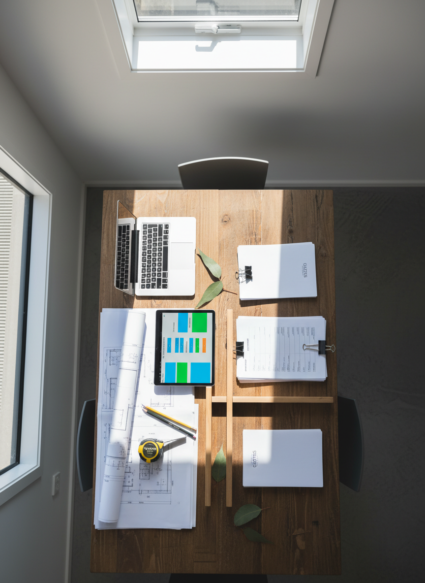 A bird’s-eye view of a shared meeting table in a small Australian business hub, covered with organised tools of the trade: blueprints and measuring tape for a tradie, a closed laptop, a tablet showing a colourful kanban-style board of tasks and enquiries, and neatly clipped stacks of printed quotes and booking confirmations without any readable text. Different work materials are grouped as if representing multiple businesses collaborating. Natural daylight from above and one side creates clear, crisp shadows and highlights, giving the scene an energetic yet controlled feel. The photographic image uses balanced composition and strong lines of paper edges and devices to suggest teamwork, streamlined workflows, and reliable follow-up without depicting any people.