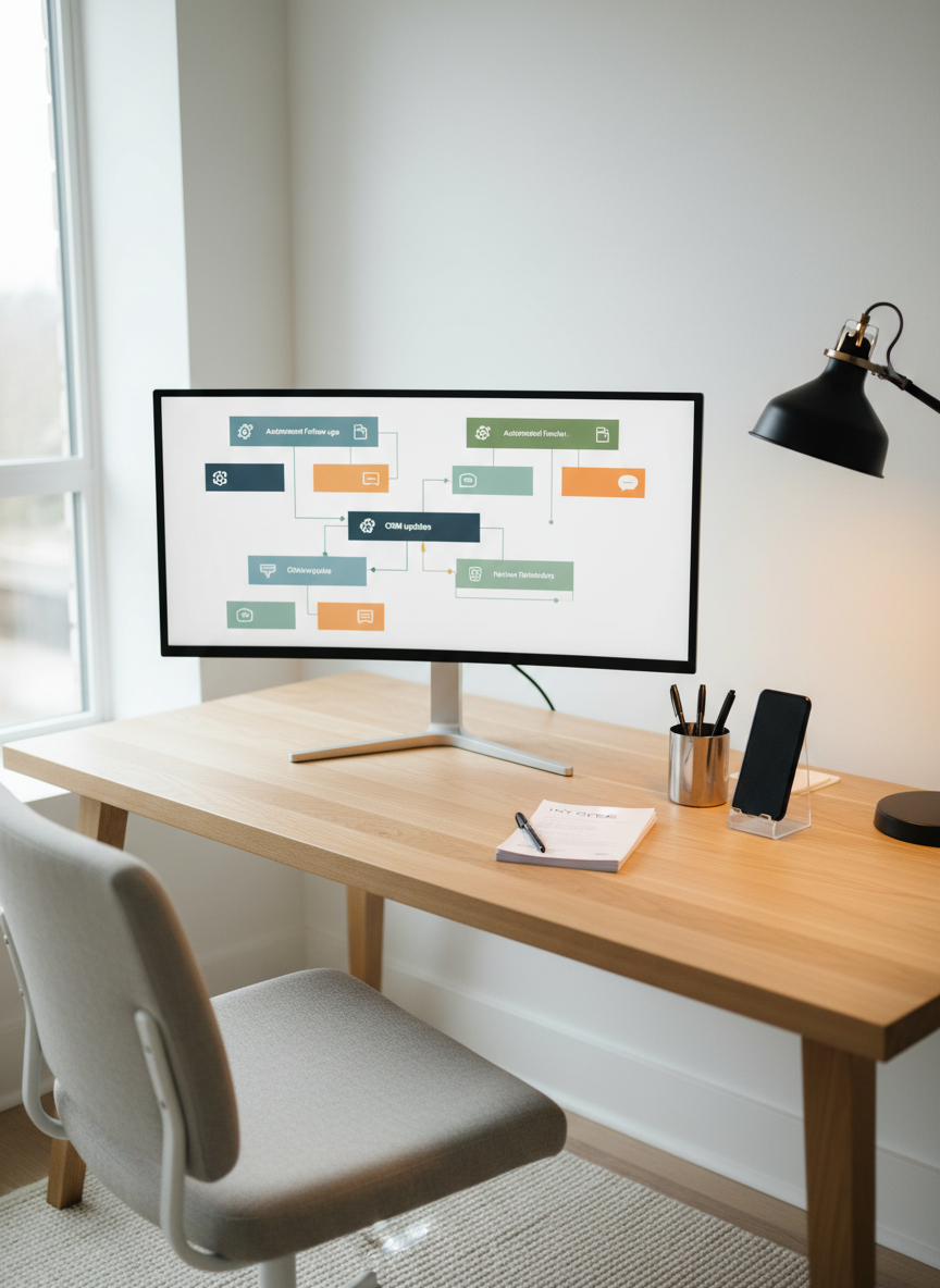 A clean, minimalist home office corner that could belong to an Australian small business owner, with a large monitor displaying a stylised timeline of coloured blocks and icons symbolising automated follow-ups, CRM updates, and review reminders, all abstracted to avoid readable text. On the desk, neatly stacked invoices, a smartphone on a stand, and a tidy pen holder create a sense of order. Soft overcast daylight from a side window provides even, low-contrast illumination, while a warm desk lamp adds a subtle glow. Shot from a slightly elevated, wide angle with sharp focus throughout, the photographic composition conveys calm control, reduced admin stress, and a modern, professional aesthetic.