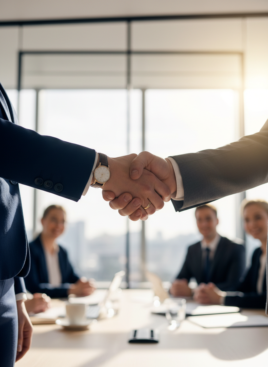 A genuine, warm business handshake between two people in a professional setting — close up on hands, natural lighting, conveying trust and partnership