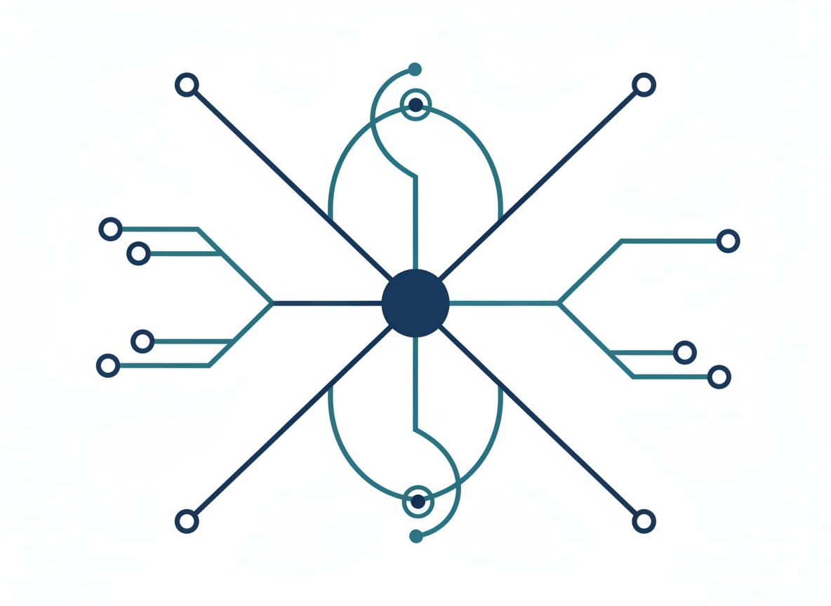 A minimal, clean horizontal workflow diagram with 3 simple dots connected by a dashed line, flat design, white background, muted teal/green accent color, very simple and small, like a basic process flow indicator